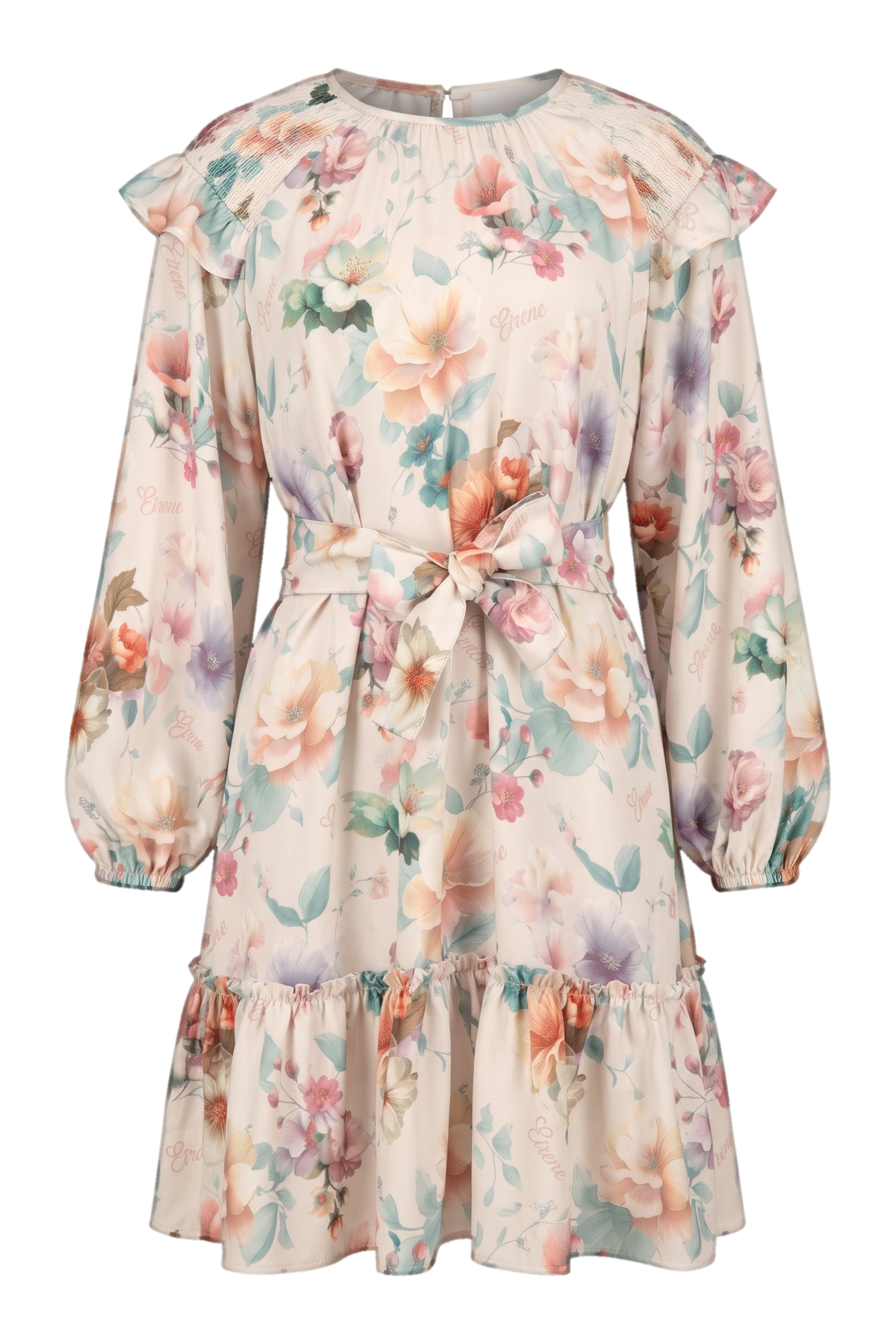 Pastel floral dress with ruffled shoulders and a tie waist - product view