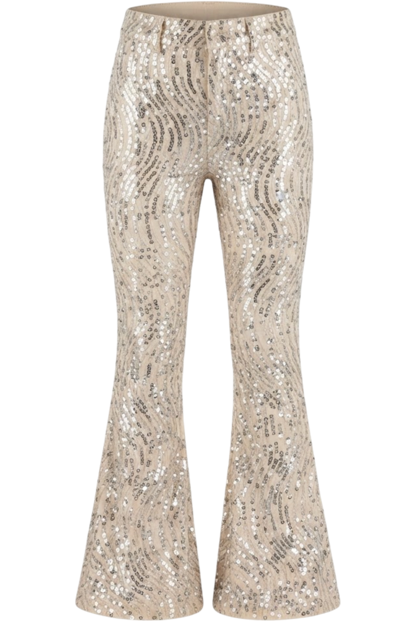 Beige flared trousers covered in silver sequins - product view