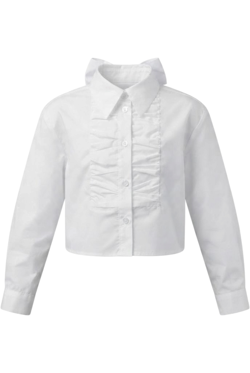 White cropped shirt with long sleeves, front ruffle and classic collar - product view