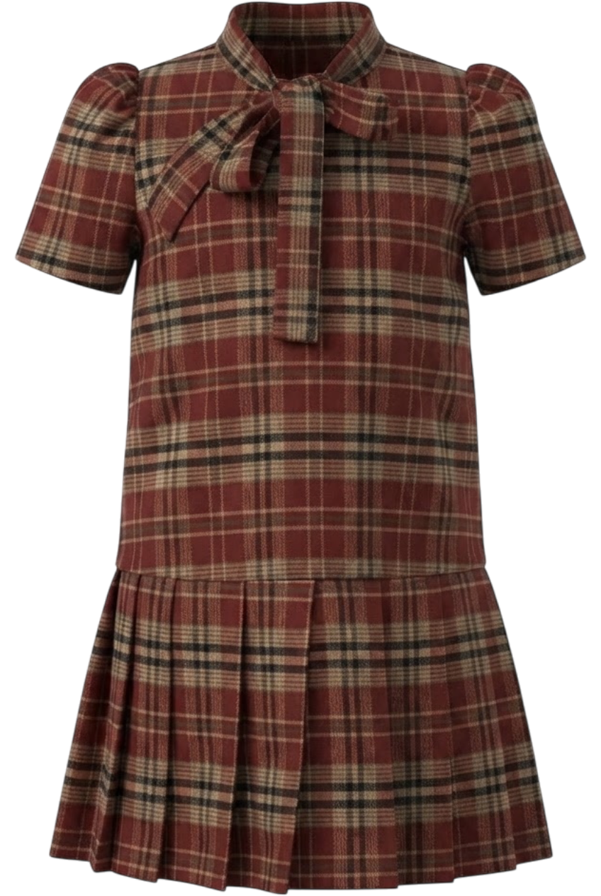 Beige and burgundy checked dress with short sleeves, bow collar and pleated skirt - product view