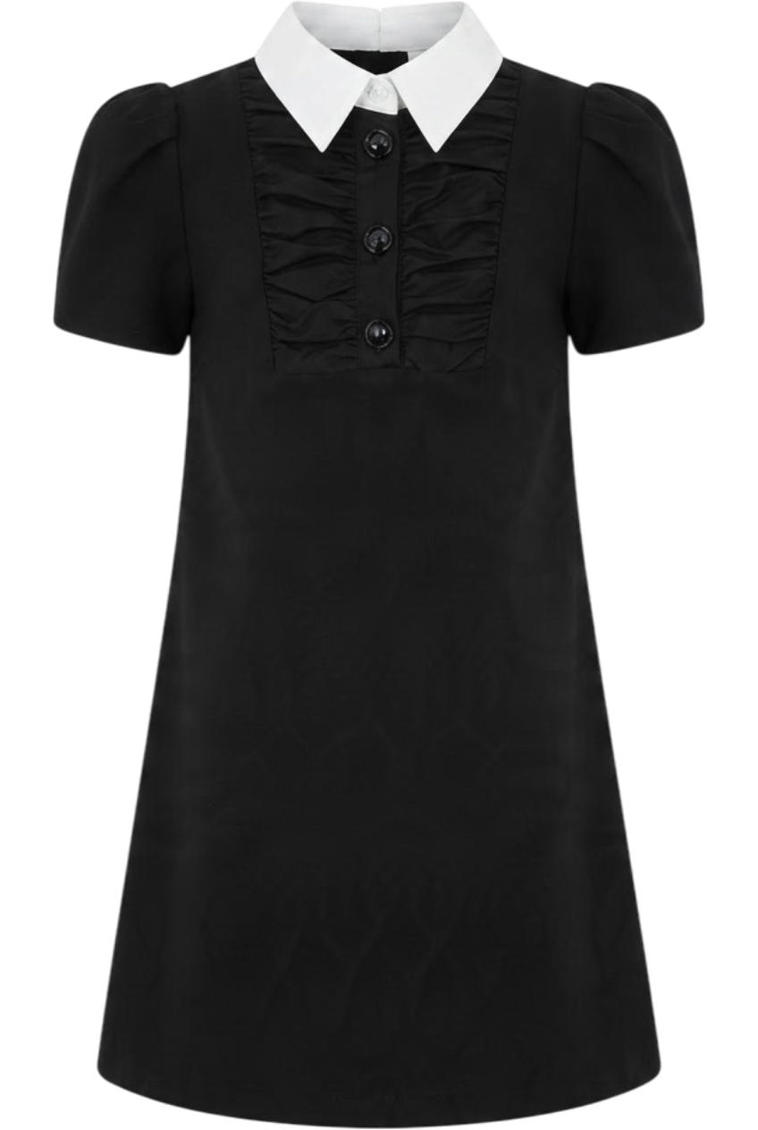 Black dress with white collar, front ruching and decorative buttons - product view