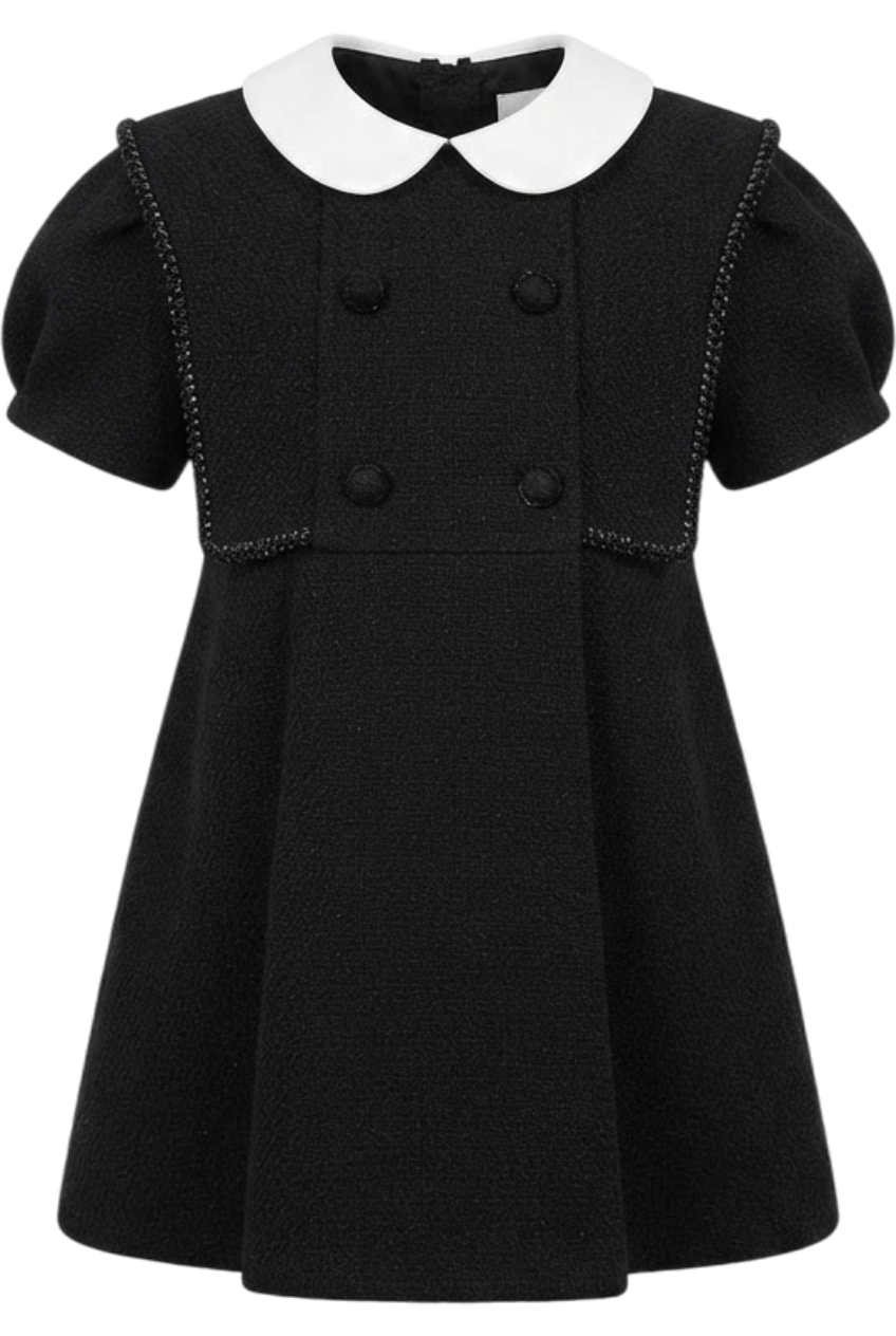 Black tweed dress with white collar, double-breasted fastening and cape-style shoulders - product view