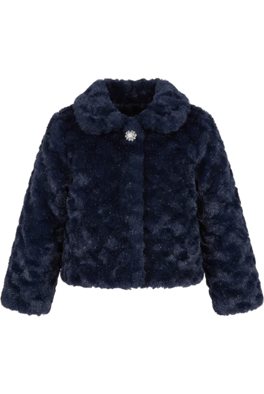 Dark blue faux fur coat with glitter and Swarovski button - product view