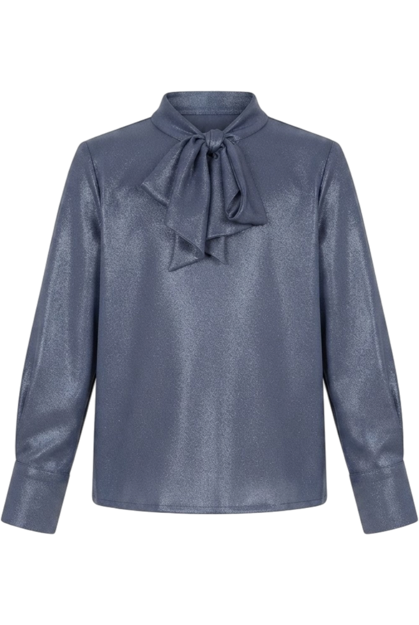 Blue shimmering shirt with bow - product view