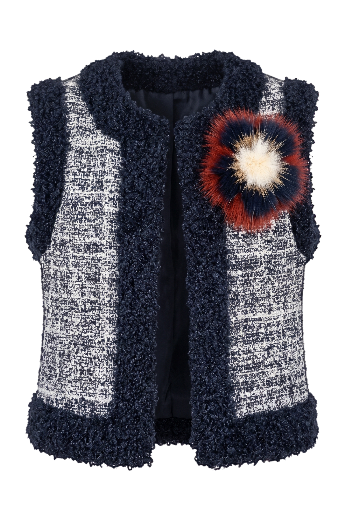 Blue tweed vest with fox fur flower - product view