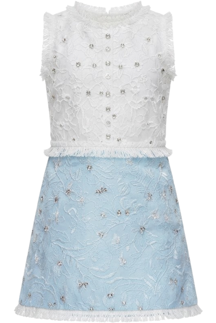 White and blue lace dress with fringes and Swarovski crystals - product view