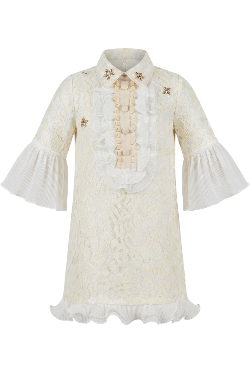 Off-white lace dress with chiffon sleeves and stars embroideries - product view