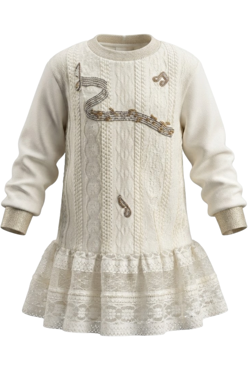 Ivory lace dress with handmade musical notes embellishments - product view