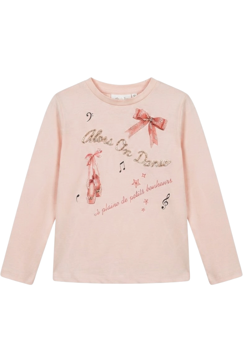 Pale pink ballet print cotton t-shirt with handmade embellishments - product view
