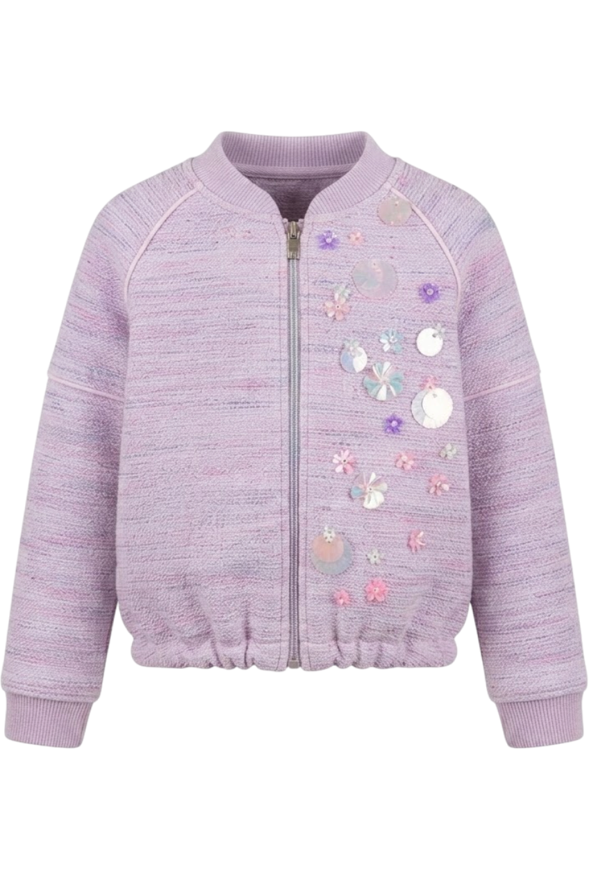 Lilac Coco summer tweed bomber jacket with sequin hand-embellishments - product view