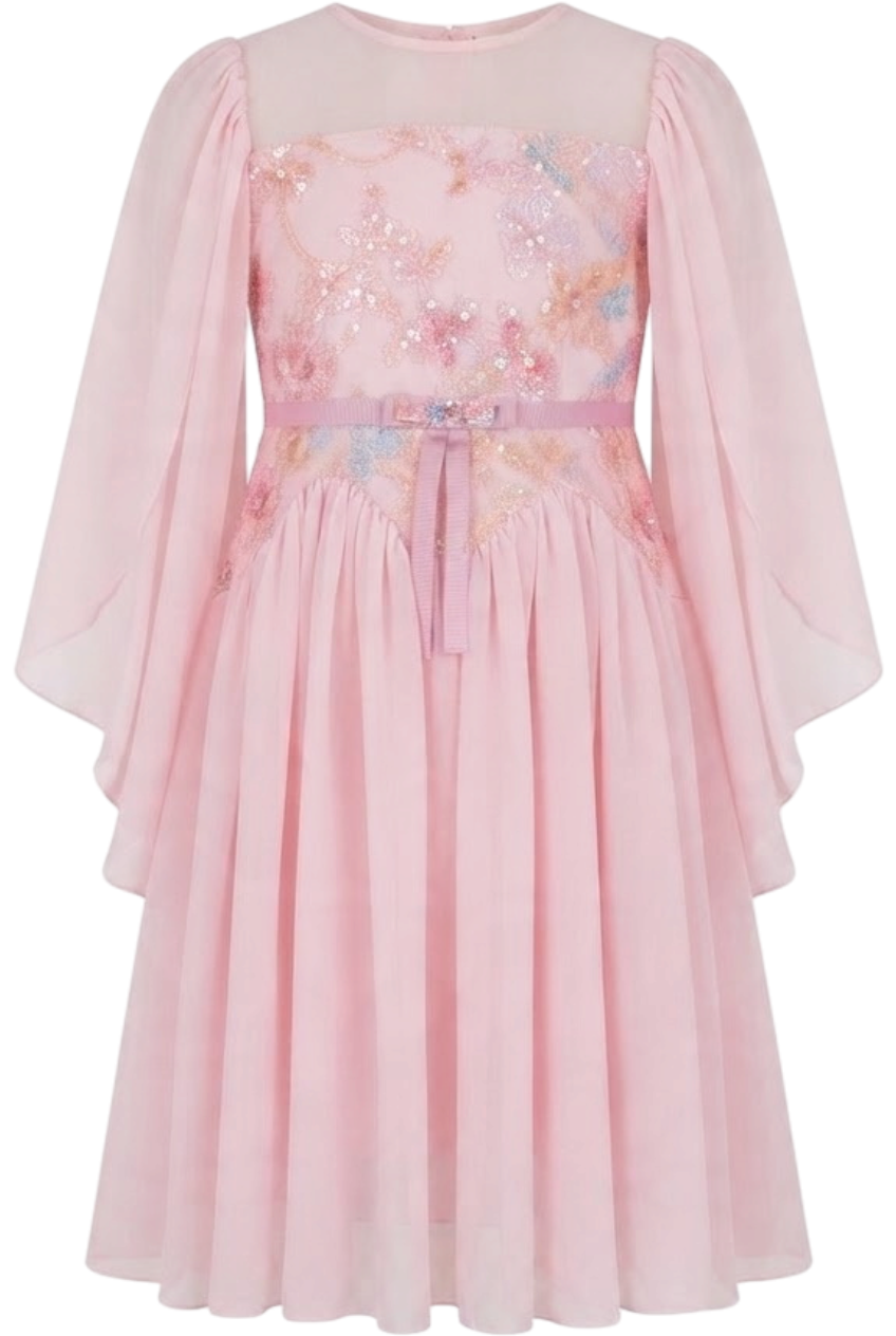 Pink chiffon dress with cape sleeves, sequin pink/blue lace upper part, decorated bow at the waist - product view