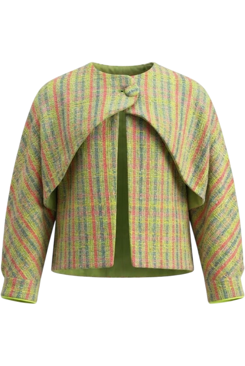 Green, yellow, fuchisa and neon tweed cotton blend open front jacket - product view