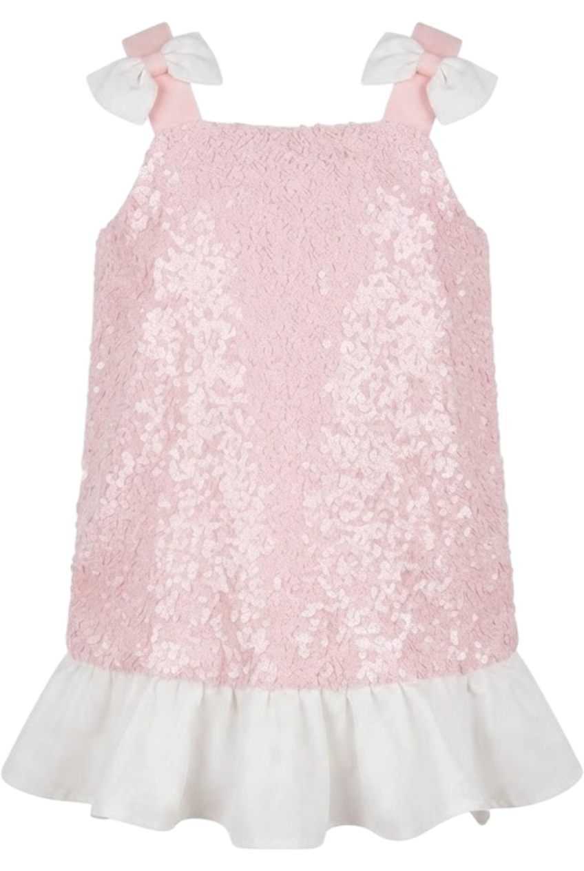 Pink sequin dress with shoulder straps with bows - product view