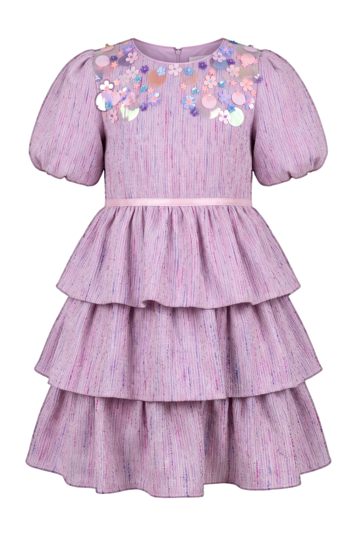 Lilac Coco summer tweed layered dress with sequin hand-embellishments - product view