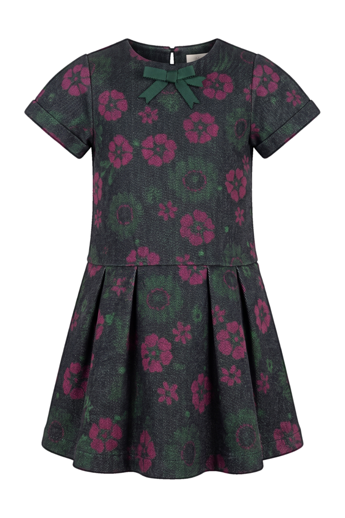 Green and fuchsia flowers cotton denim dress with green grossgrain bow - product view