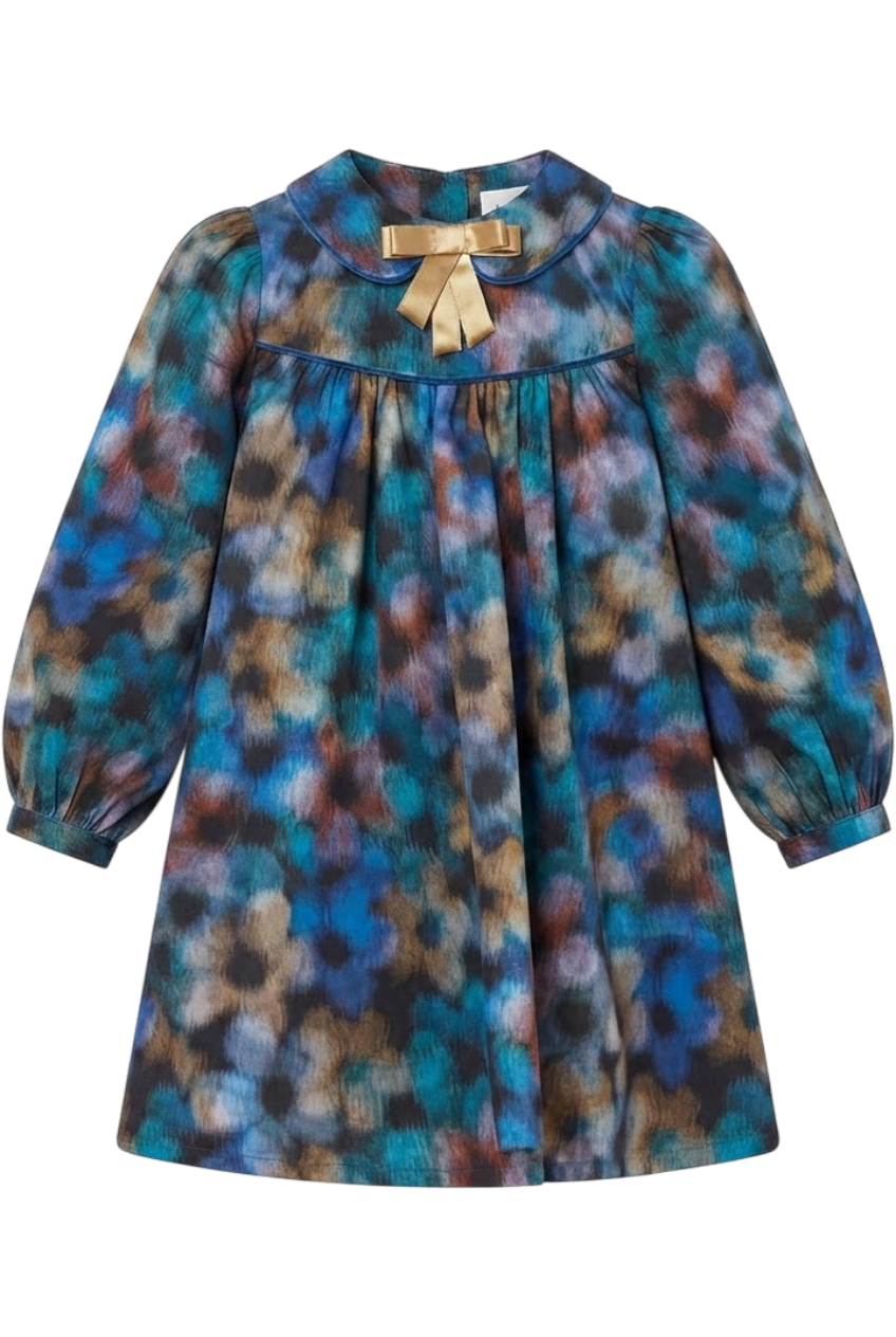 Blurred blue and beige flowers cotton Liberty Tana Lawn dress with gold bow and blue velvet piping - product view
