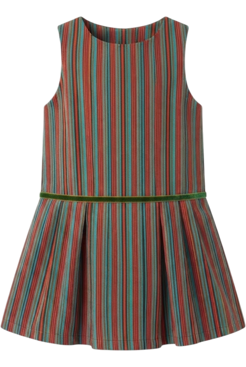 Orange, green and blue dress with green/orange velvet ribbon - product view