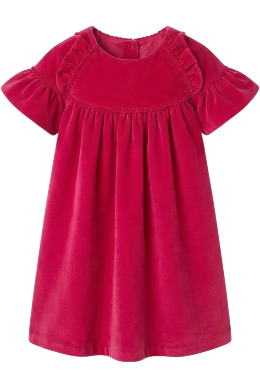 Fuchisa cotton velvet dress with frills - product view