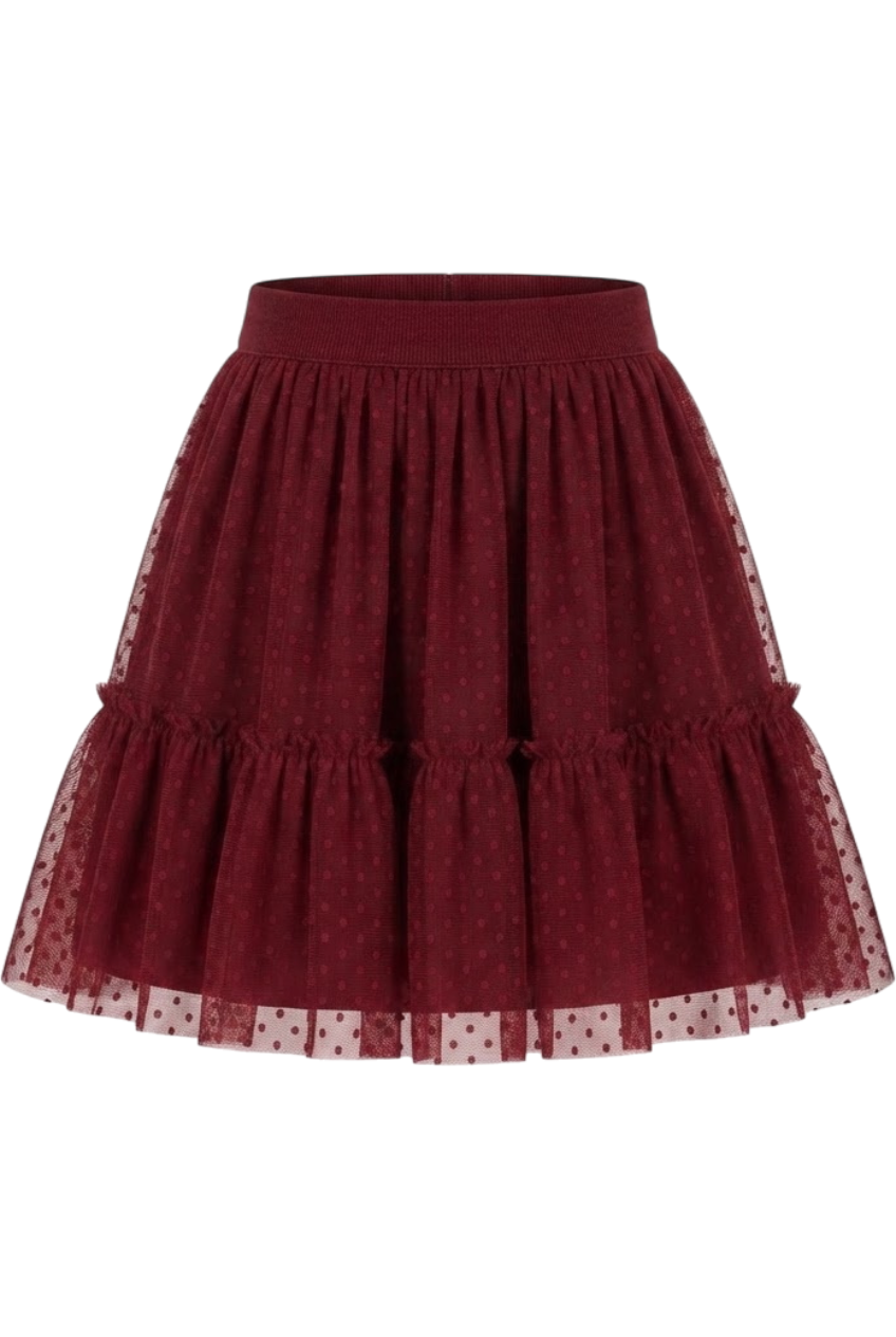 Burgundy dotted tulle skirt with elastic waistband - product view