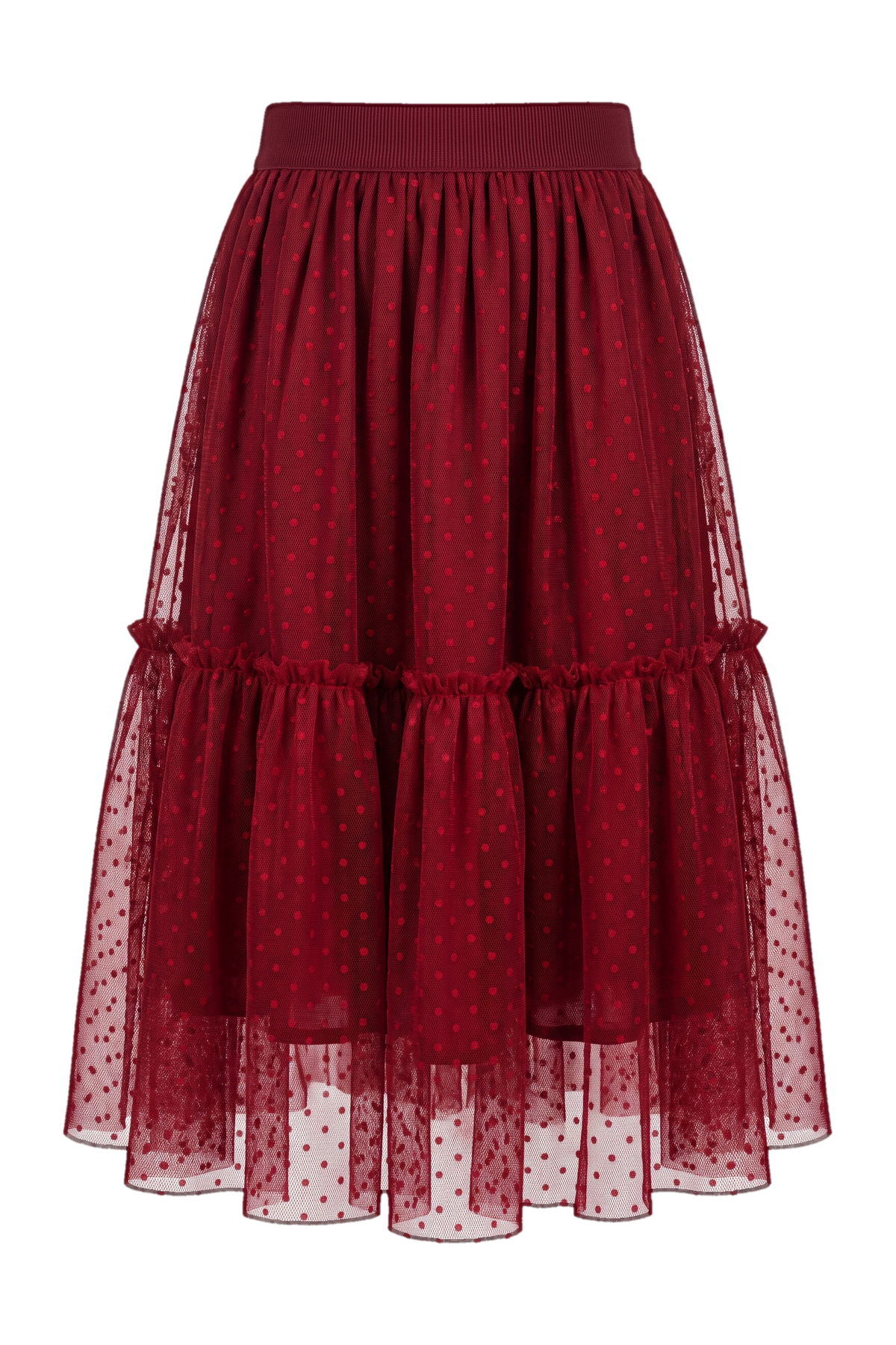 Burgundy dotted tulle skirt with elastic waistband - product view