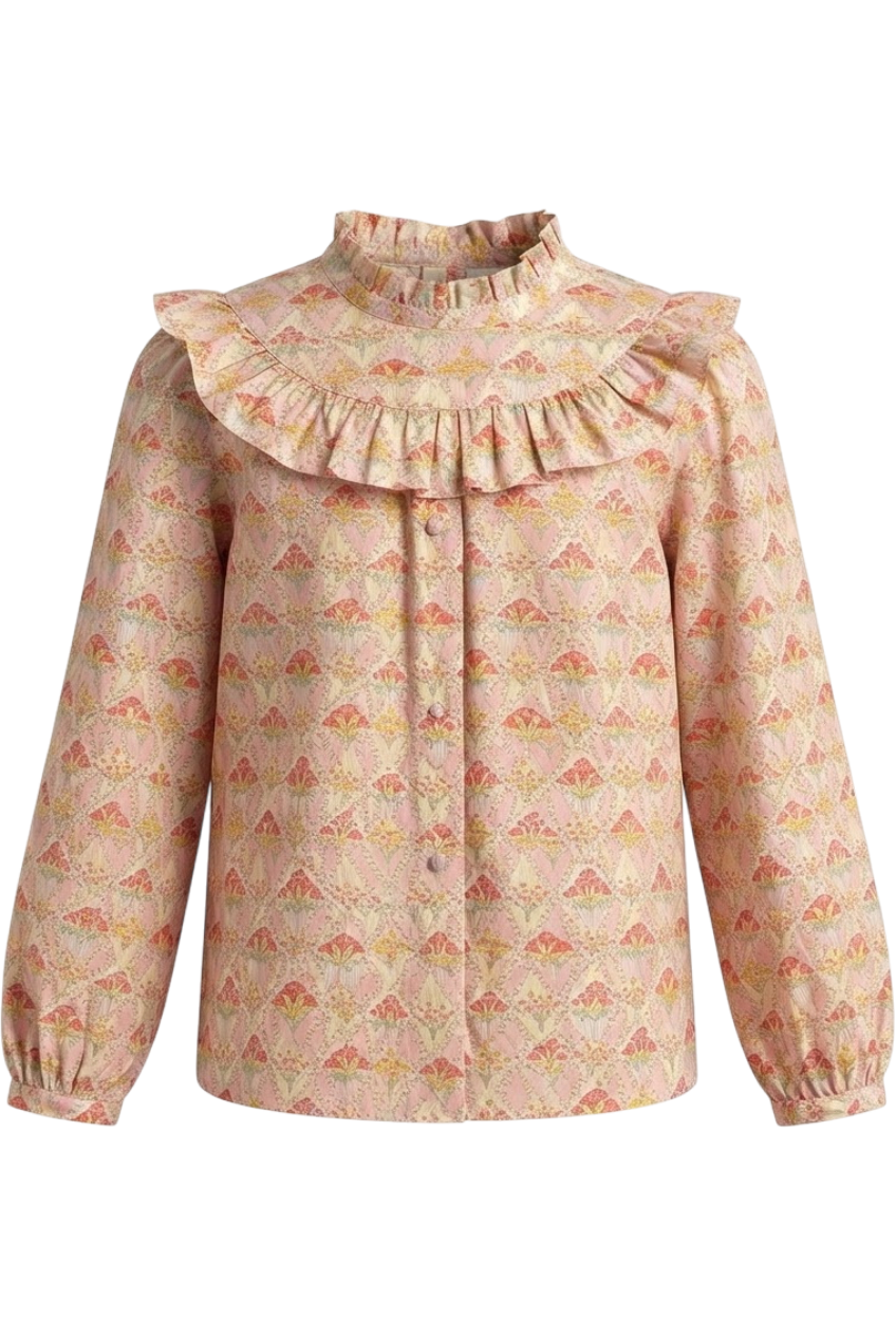 Abstract flowers Liberty print cotton top with frills - product view