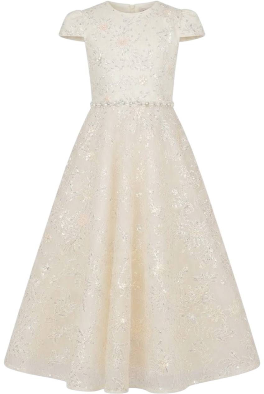 Ivory long dress with floral sequin embroidery, pearl and crystals waist decoration - product view