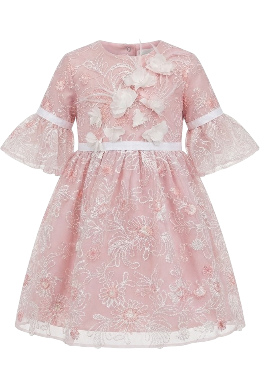 Pink and white floral lace dress with frilled sleeves and hand-made flower and feathers decoration - product view