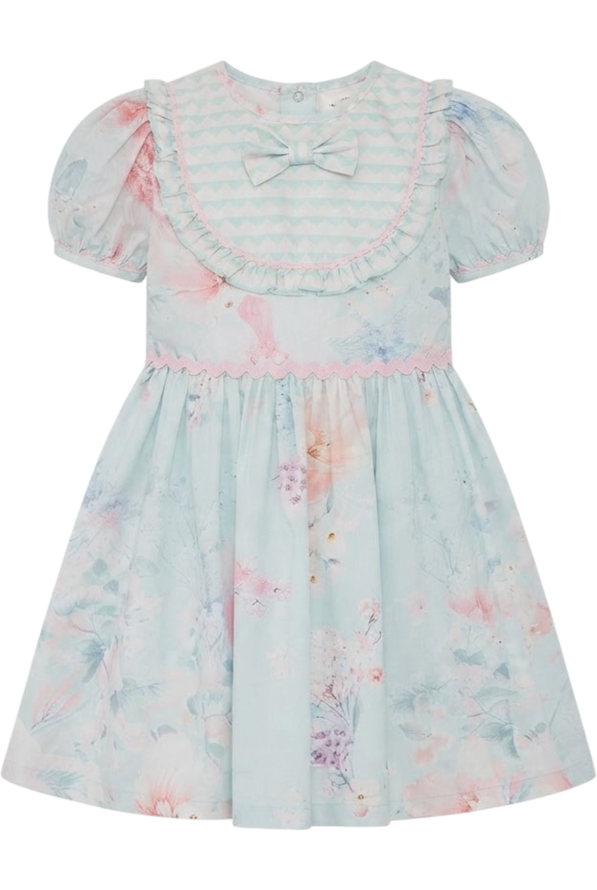 Light blue floral cotton dress with geometric pattern front detail and bow - product view