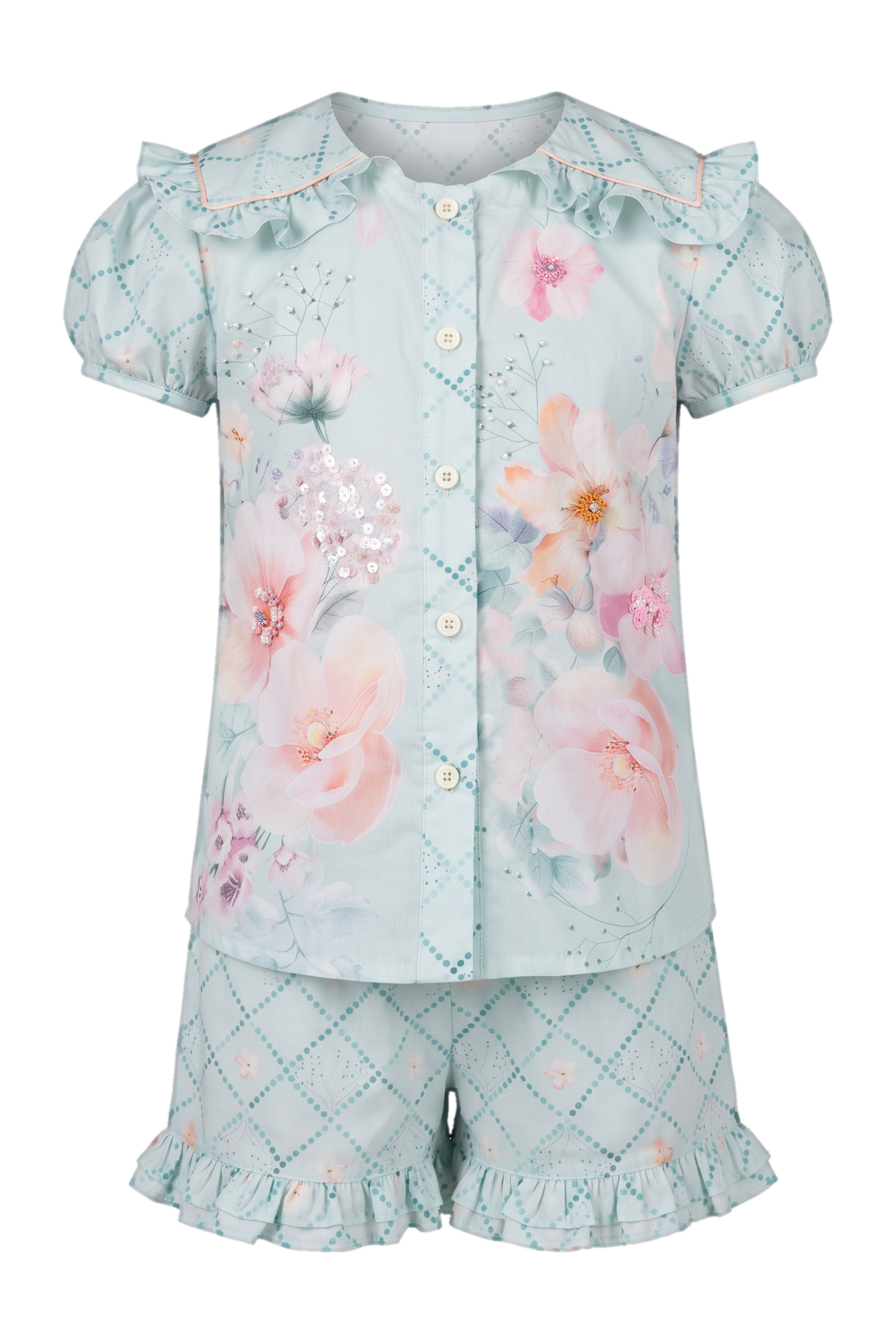 Floral shirt and shorts set with hand-made embellishments - product view