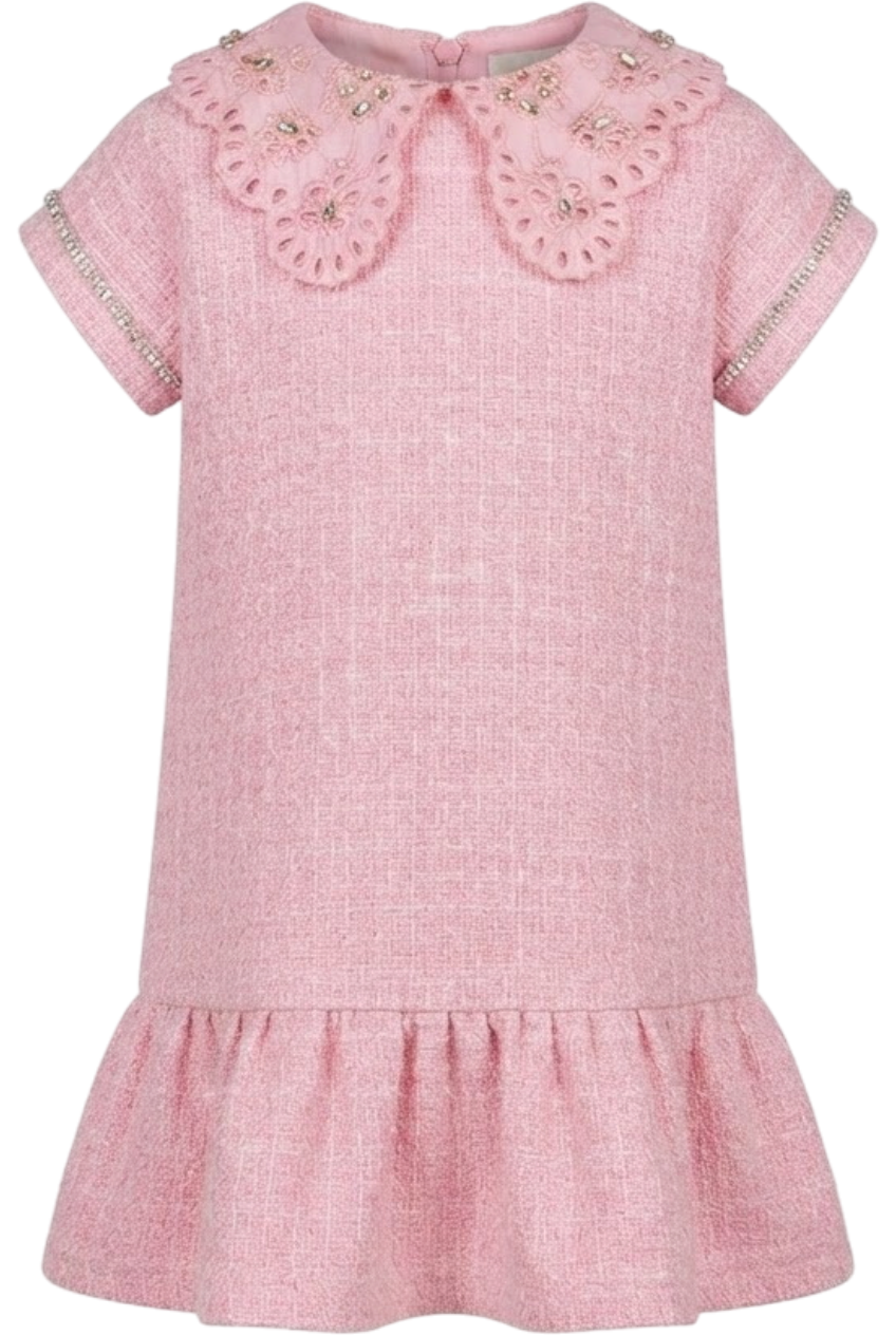 Pink cotton blend tweed dress with collar and sleeves hand-embellished with crystals - product view
