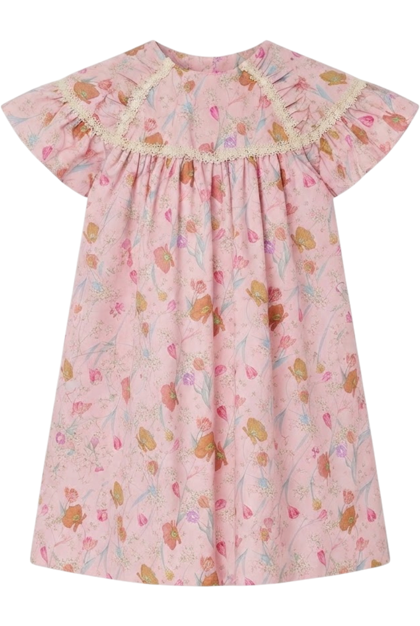 Light pink cotton botanical flowers Liberty print dress with frilled sleeves - product view