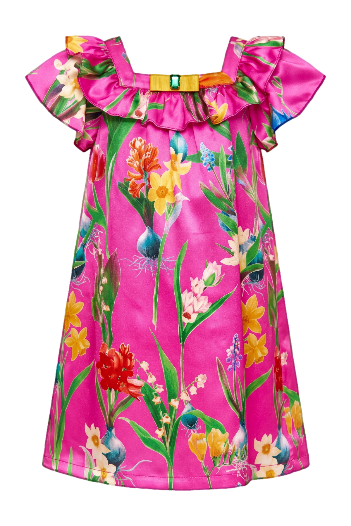 Silk fuchsia Spring flowers Liberty print dress with grossgrain bow and green glass button - product view