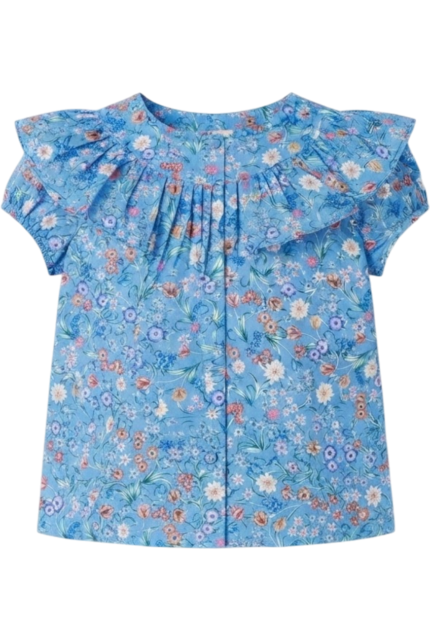 Blue frilled floral Liberty print cotton shirt - product view