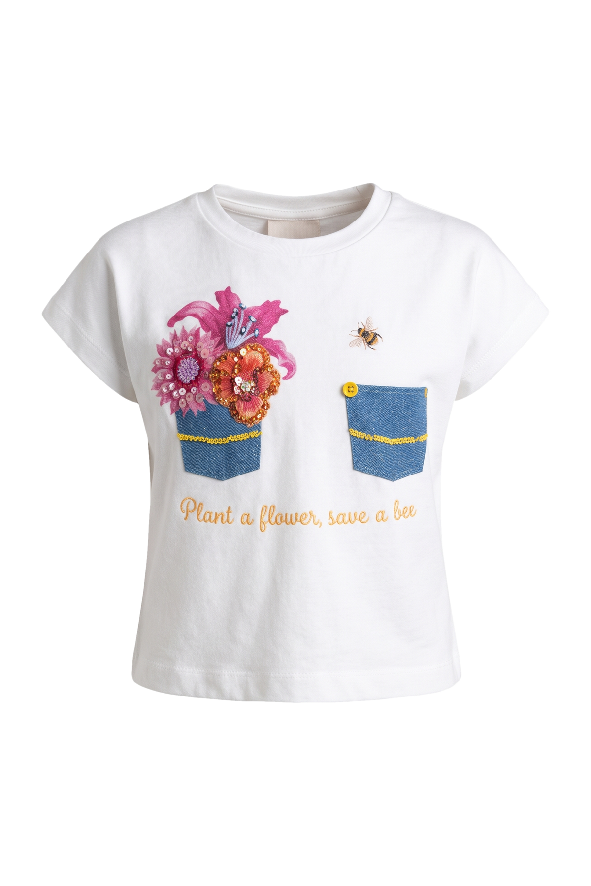 Denim pockets and flowers hand-embellished t-shirt - product view