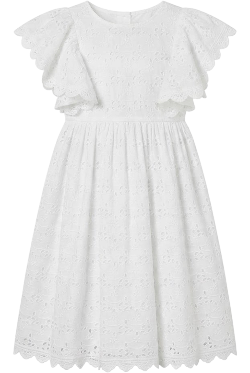 White embroidered cotton/ broderie anglaise dress with frills/sleeves - product view