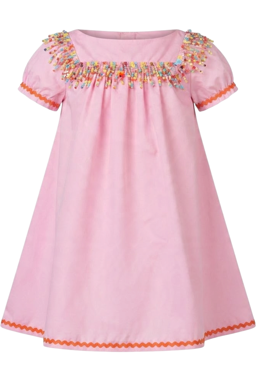 Pink cotton flare dress with multicolor fringes - product view