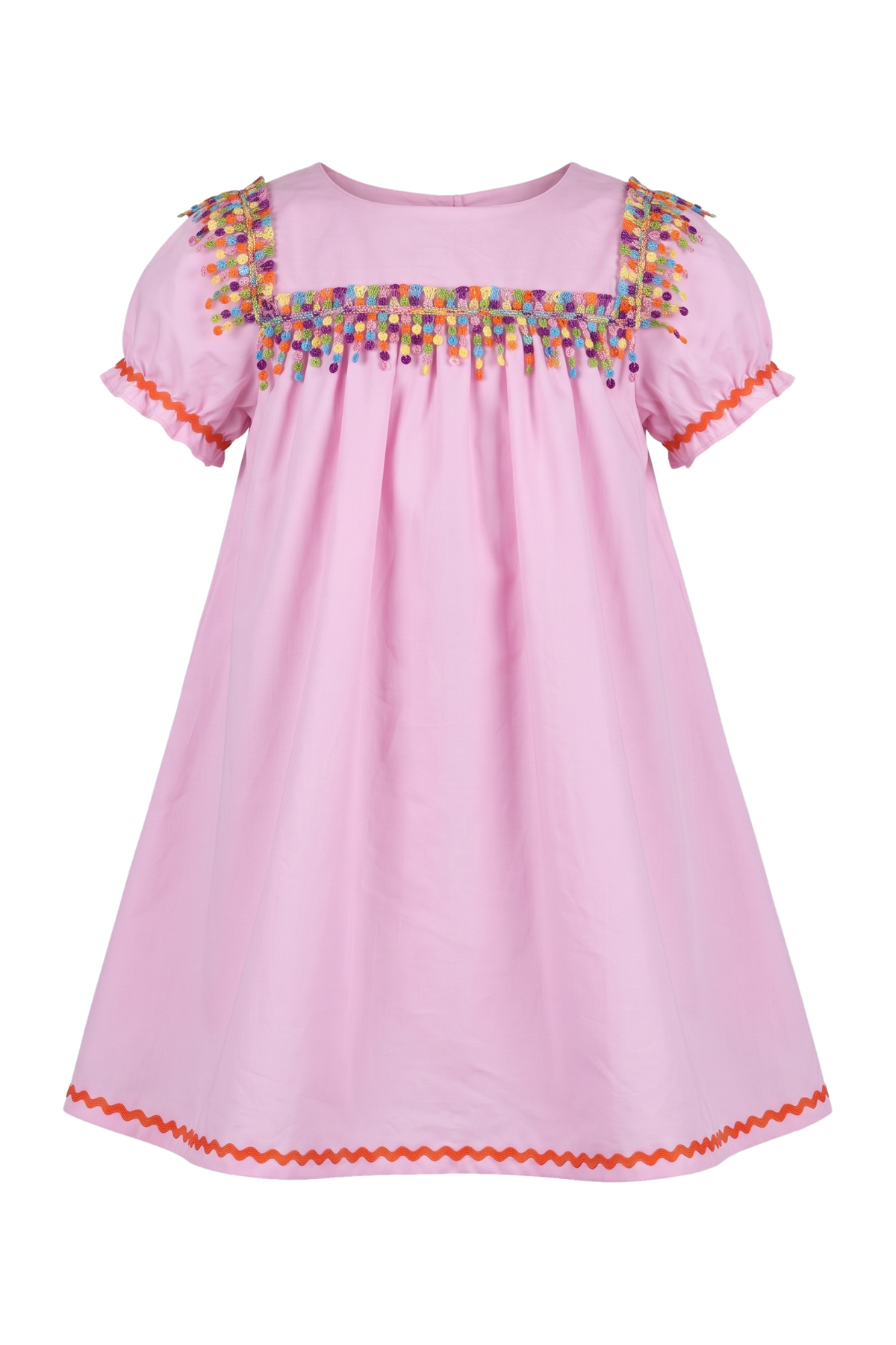 Pink cotton flare dress with multicolor fringes - product view