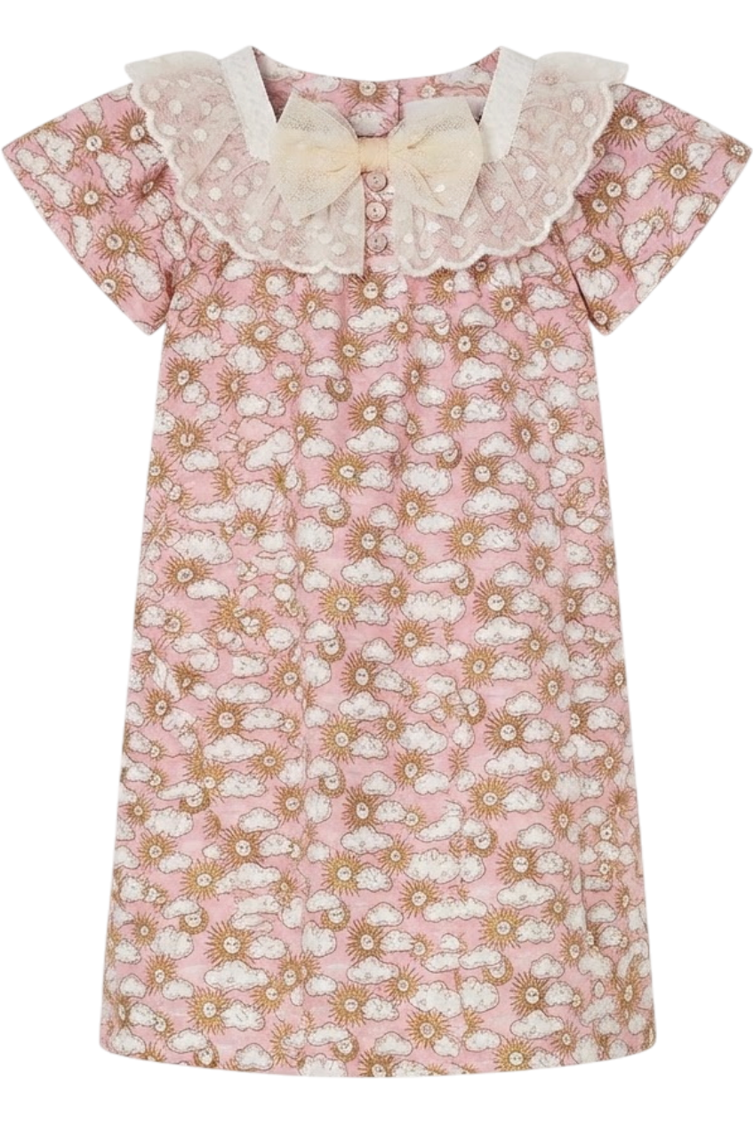 Pink and white Sun and Clouds cotton Liberty print dress with white tulle collar - product view