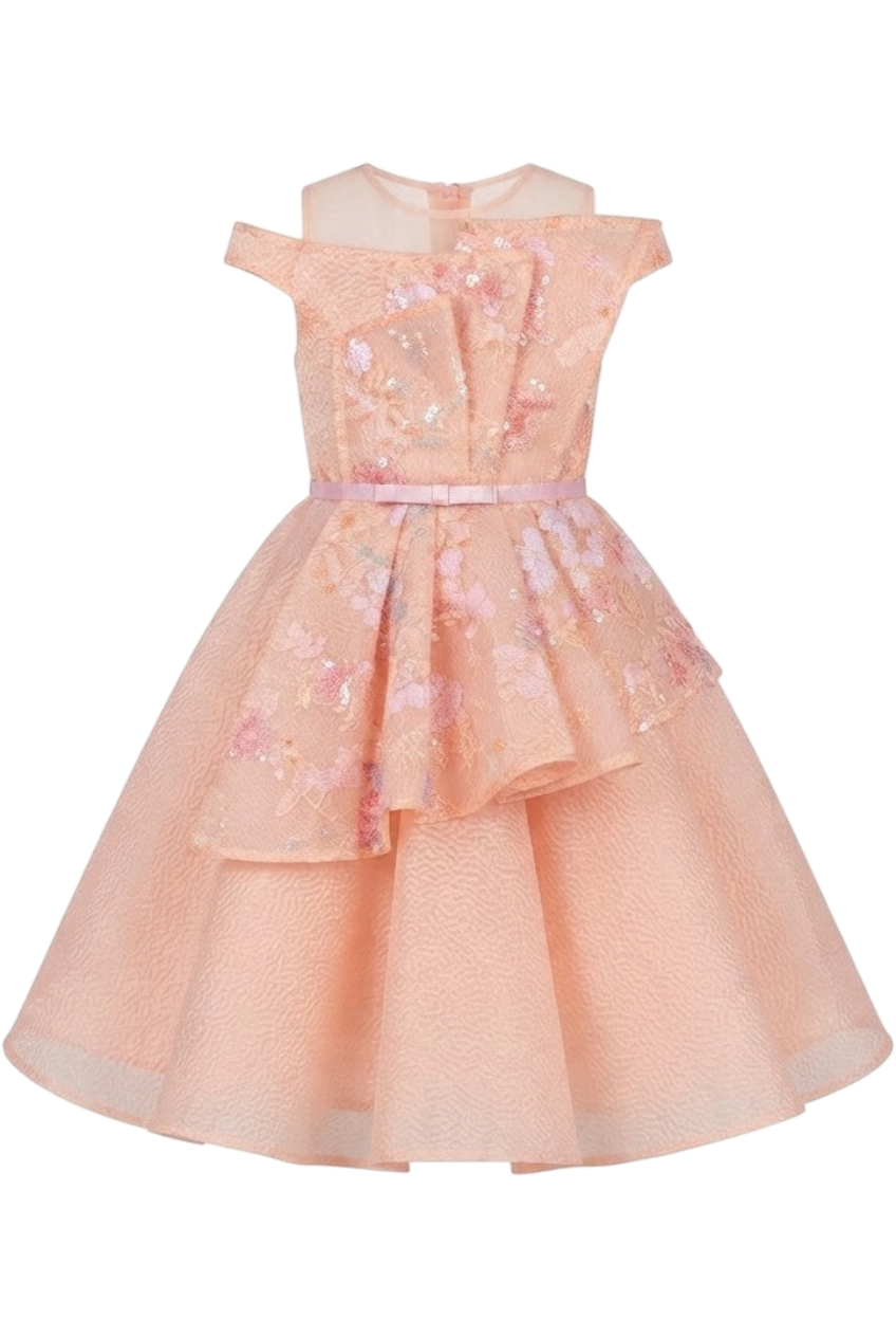 Peach pink floral lace structured dress with jacquard organza skirt - product view