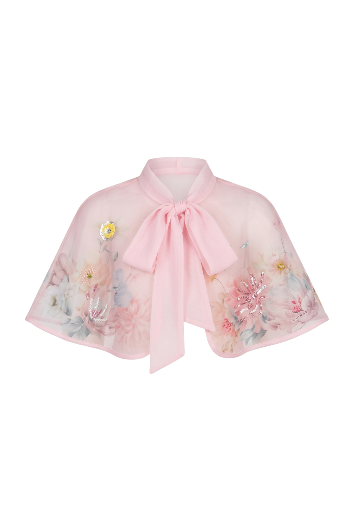 CAPE - light pink organza cape with floral print, sequin hand-embellishments and chiffon pussy bow - product view