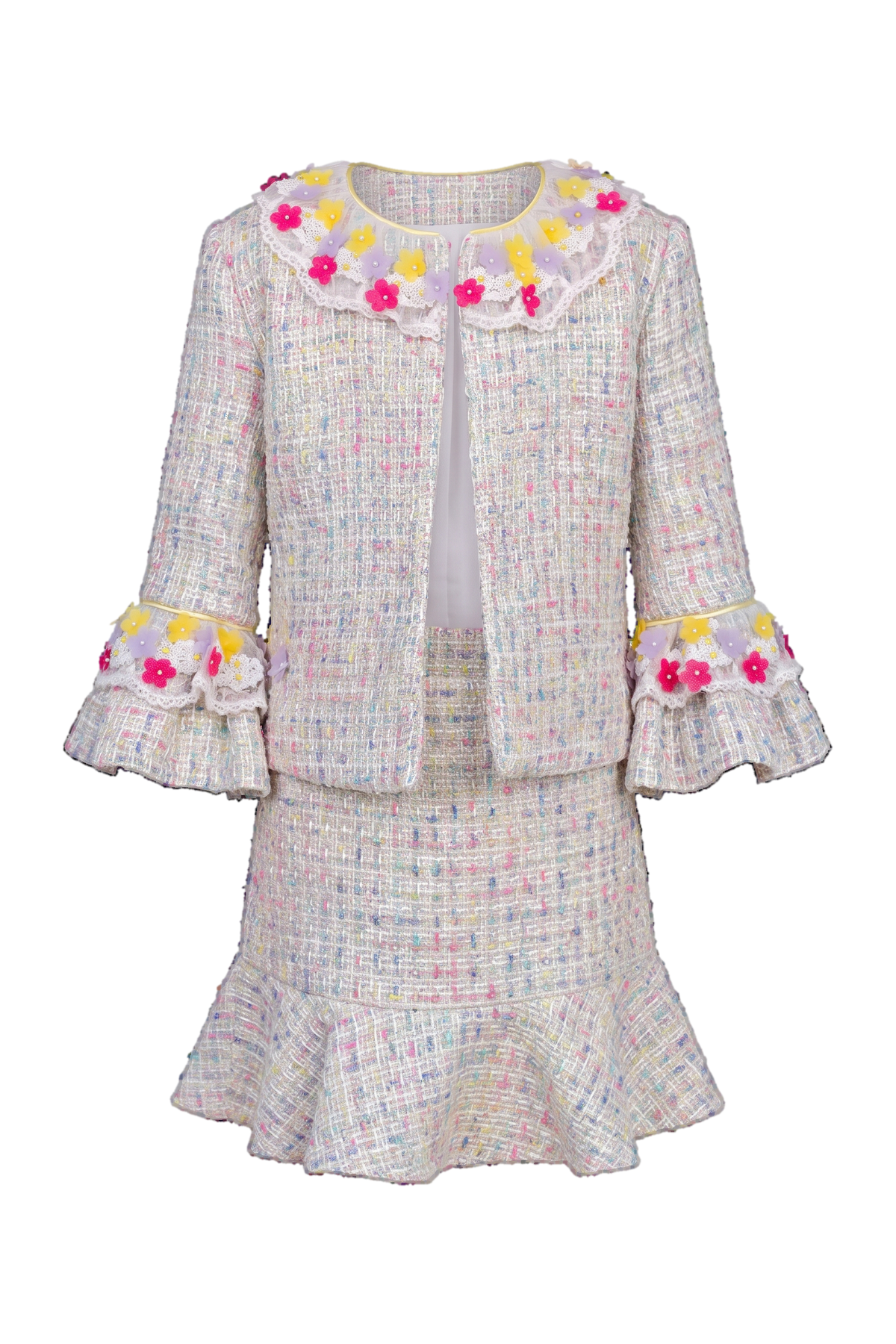 Pastel colors metal threads tweed set with hand-embellished flowers and beads - product view