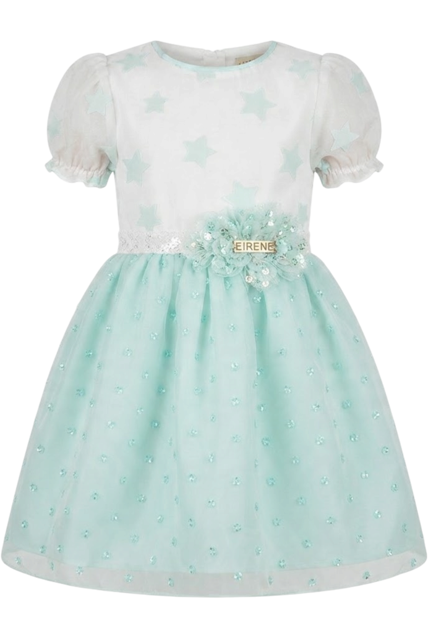 White and blue stars viscose dress with blue organza skirt and EIRENE waist embellishment - product view