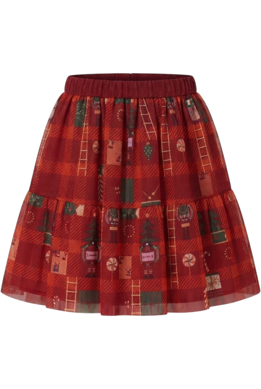 Red and orange tartan Christmas landscape mesh skirt - product view