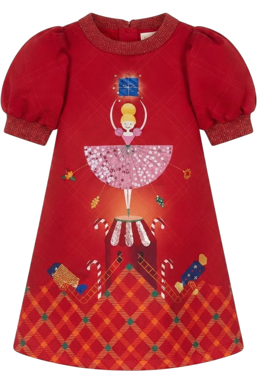 Red A-line Christmas carrousel hand-embellished with sequins and crystals dress with puffed sleeves - product view