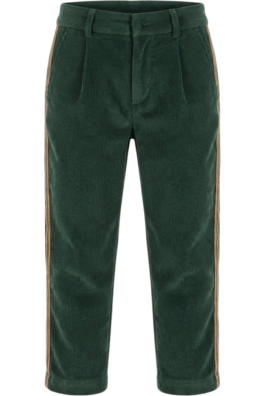 Green courdory trousers with colored ribbons on the legs - product view