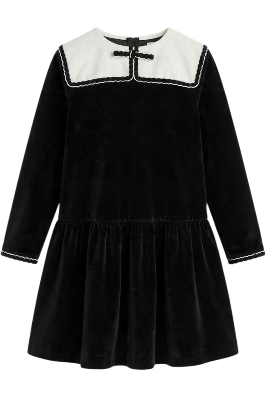 Black velvet dress with white corduroy collar and bow - product view