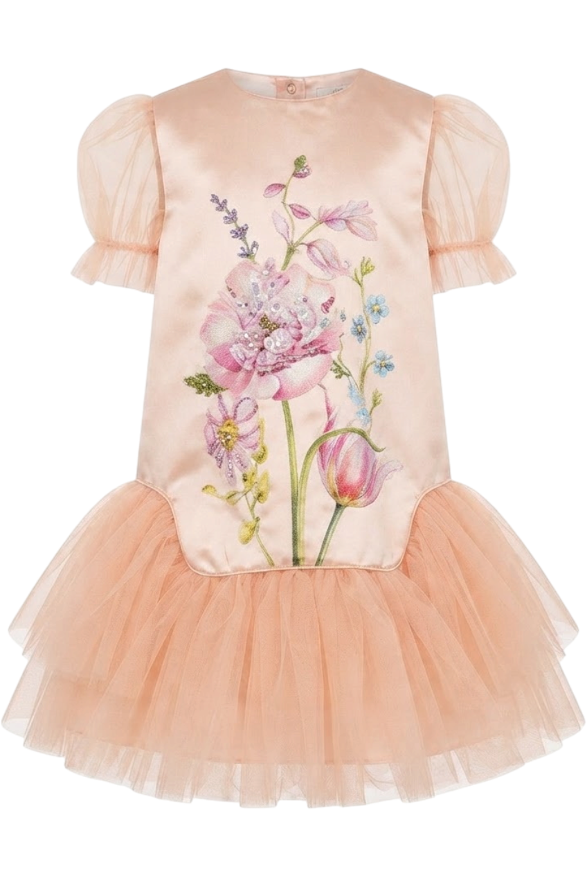 Peach floral dress with floral print and sequined hand-embroidery - product view