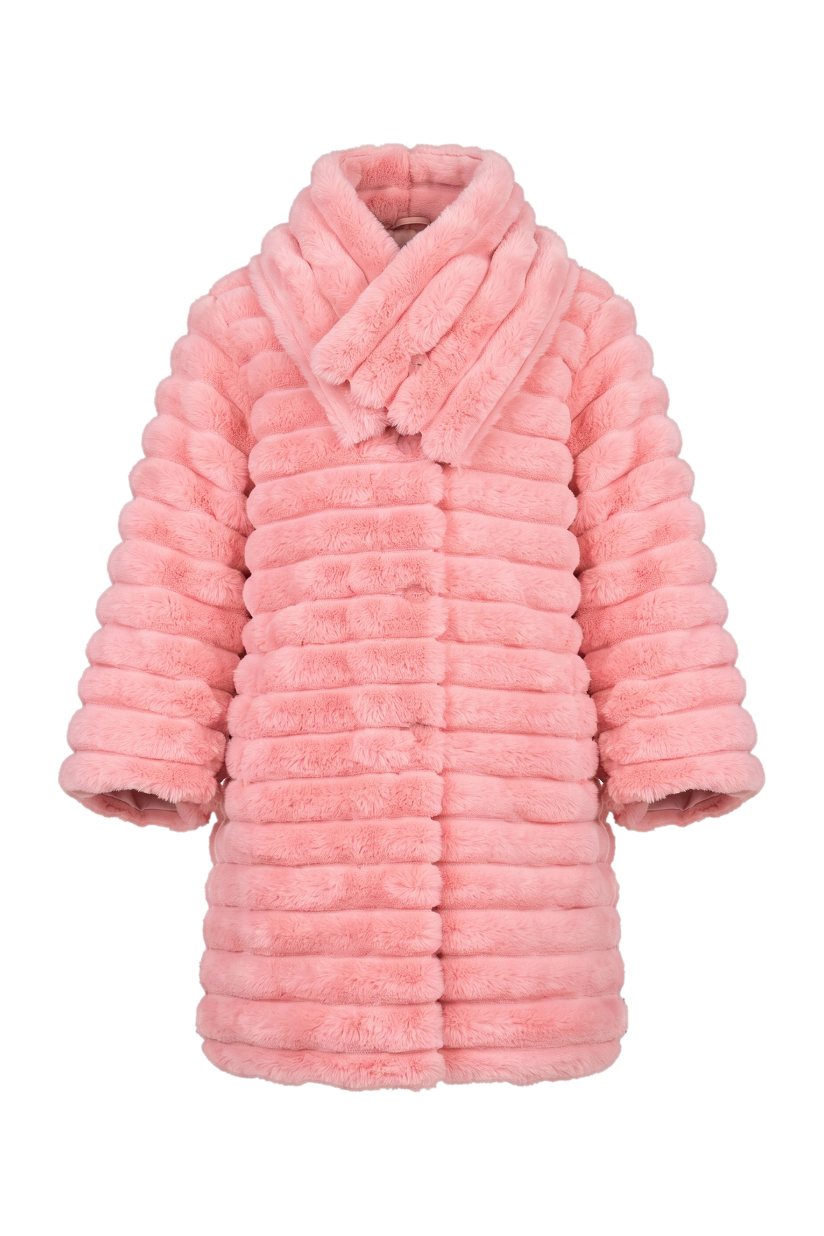 Pink striped padded fur coat with removable collar - product view