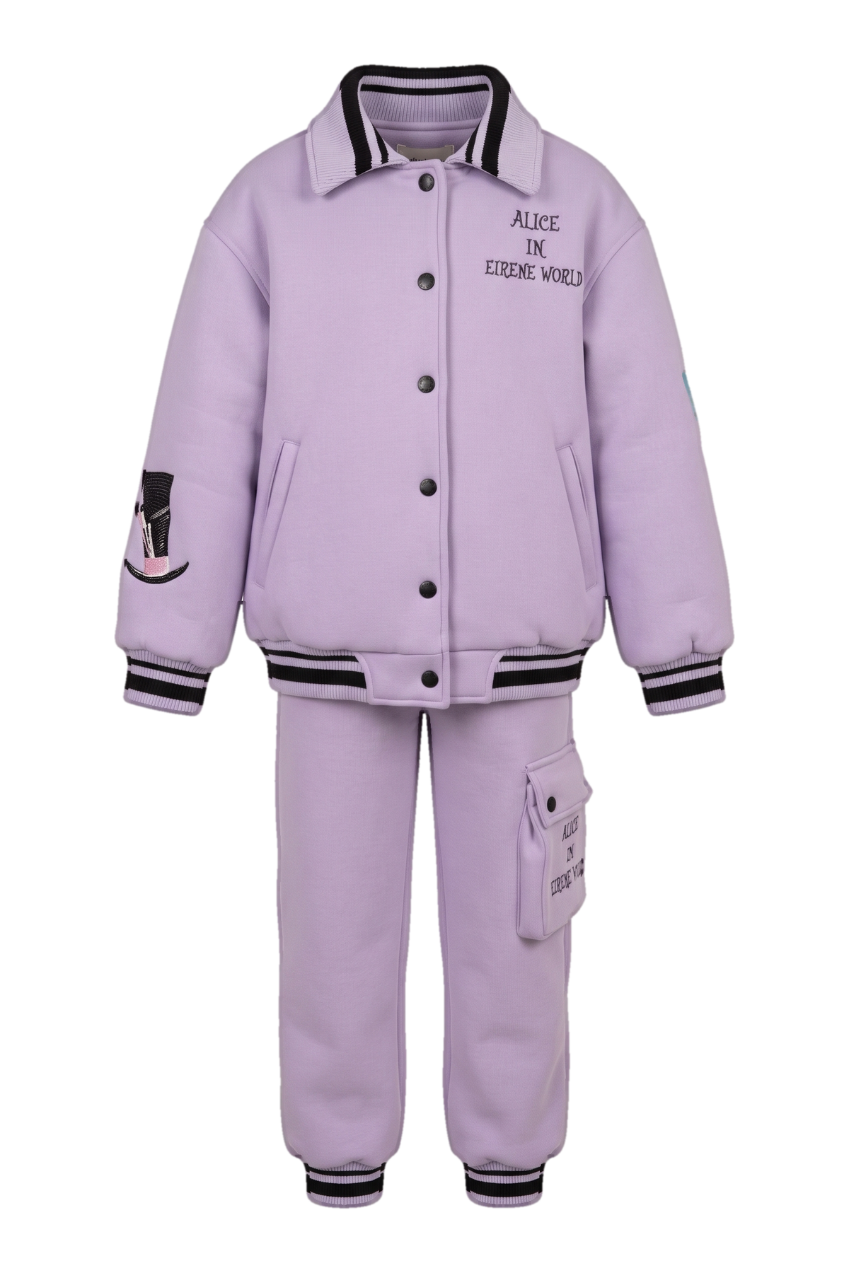 Lilac "Alice in wonderland" set of embroidered padded bomber jacket and trackpants - product view