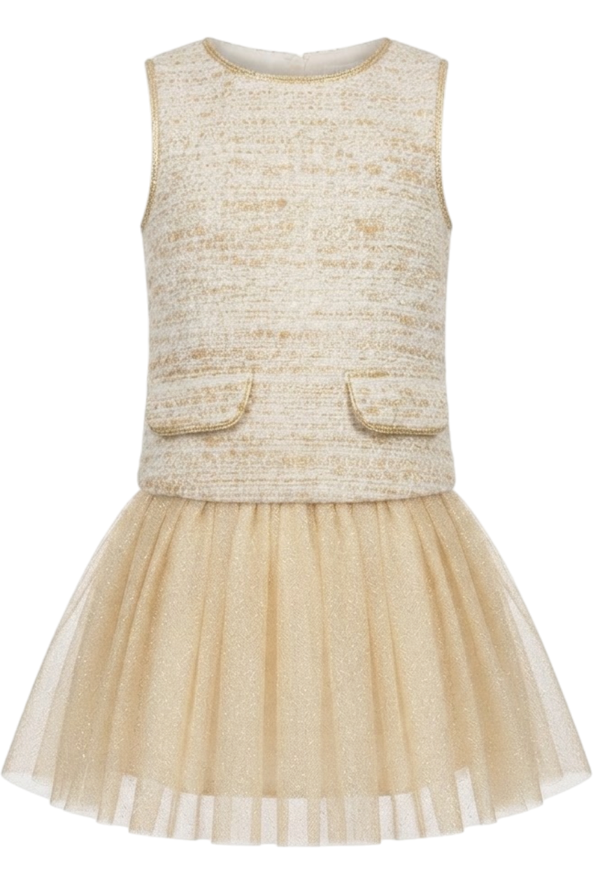 Off-white and gold wool blend dress with gold pleated tulle skirt - product view